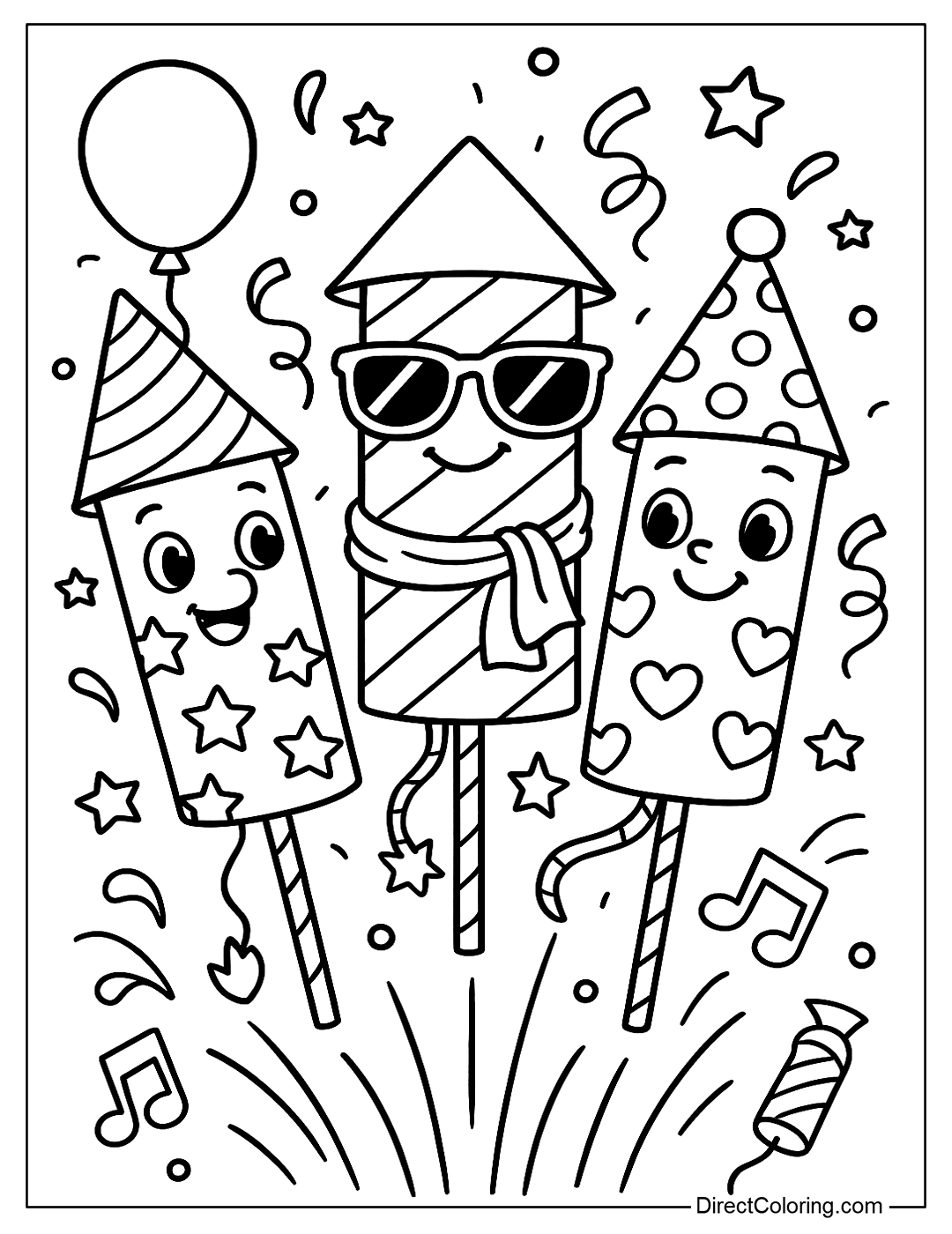 a coloring page of rocket-shaped fireworks with cute smiley faces, decorated with stars, candy, hearts and party hats