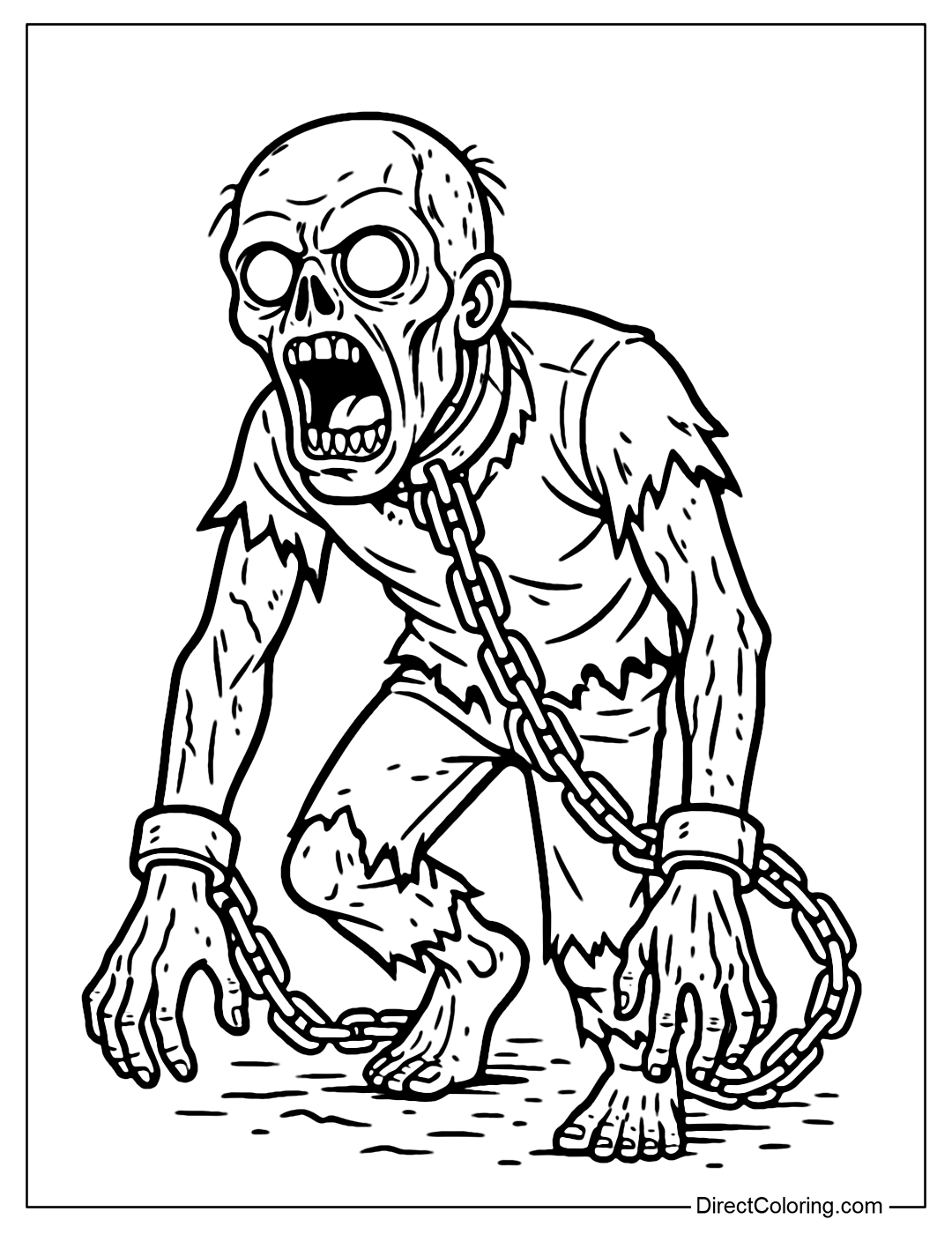 A zombie coloring page with chains on its hands and neck, dragging on the ground, its mouth wide open in horror.