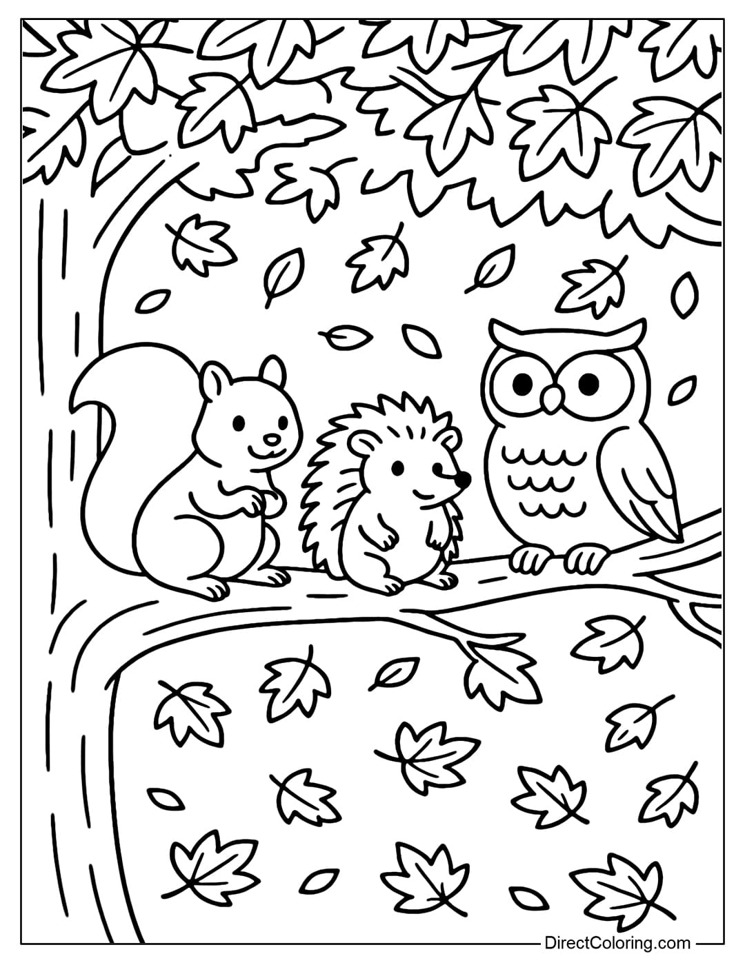 Coloring page of a squirrel, hedgehog and owl sitting on a tree branch, under the canopy of fallen yellow leaves.