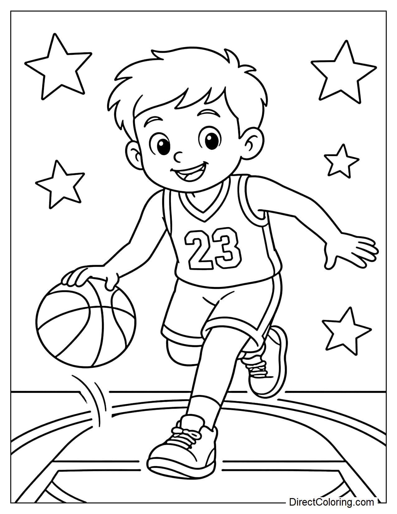 A boy confidently dribbles a basketball forward, one hand dribbling, the other balancing, with simple court lines and large stars below.