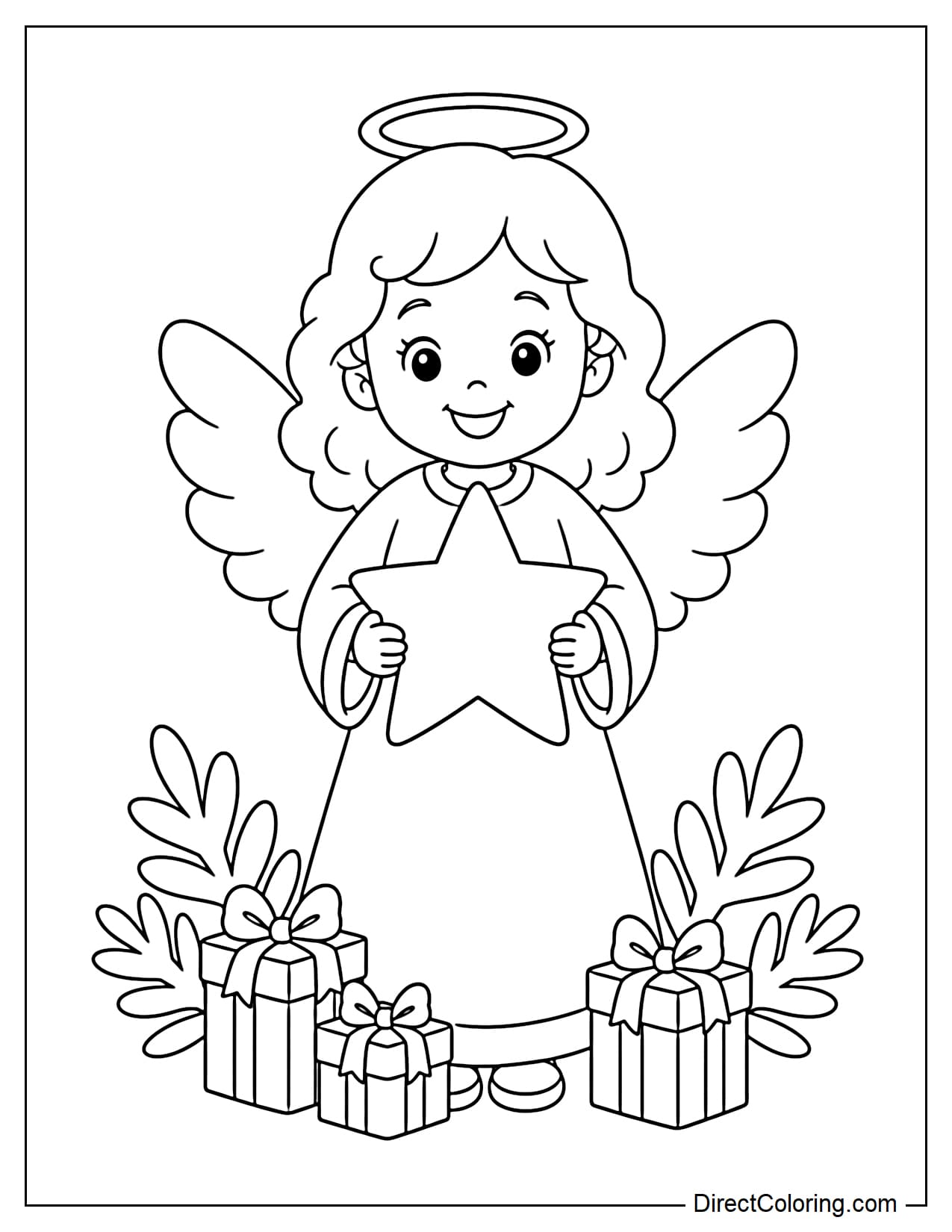 A Christmas angel holds a large star with both hands, with small gift packages and pine boughs below.
