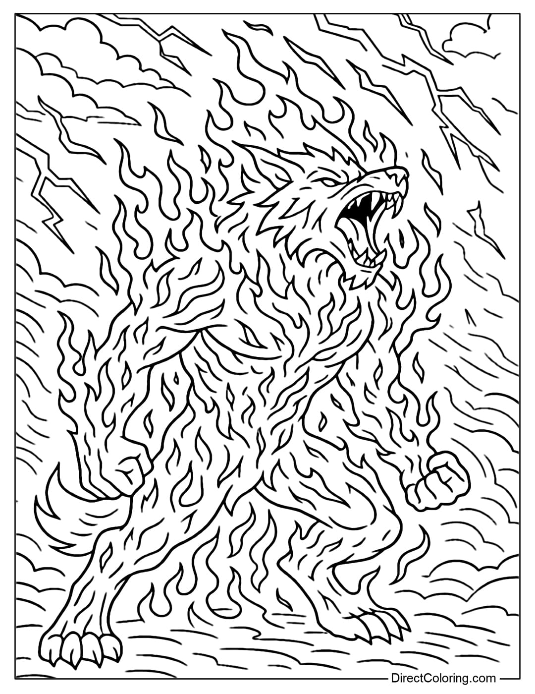 An elemental werewolf coloring page, body burning with fire and thunder, roaring in the storm.