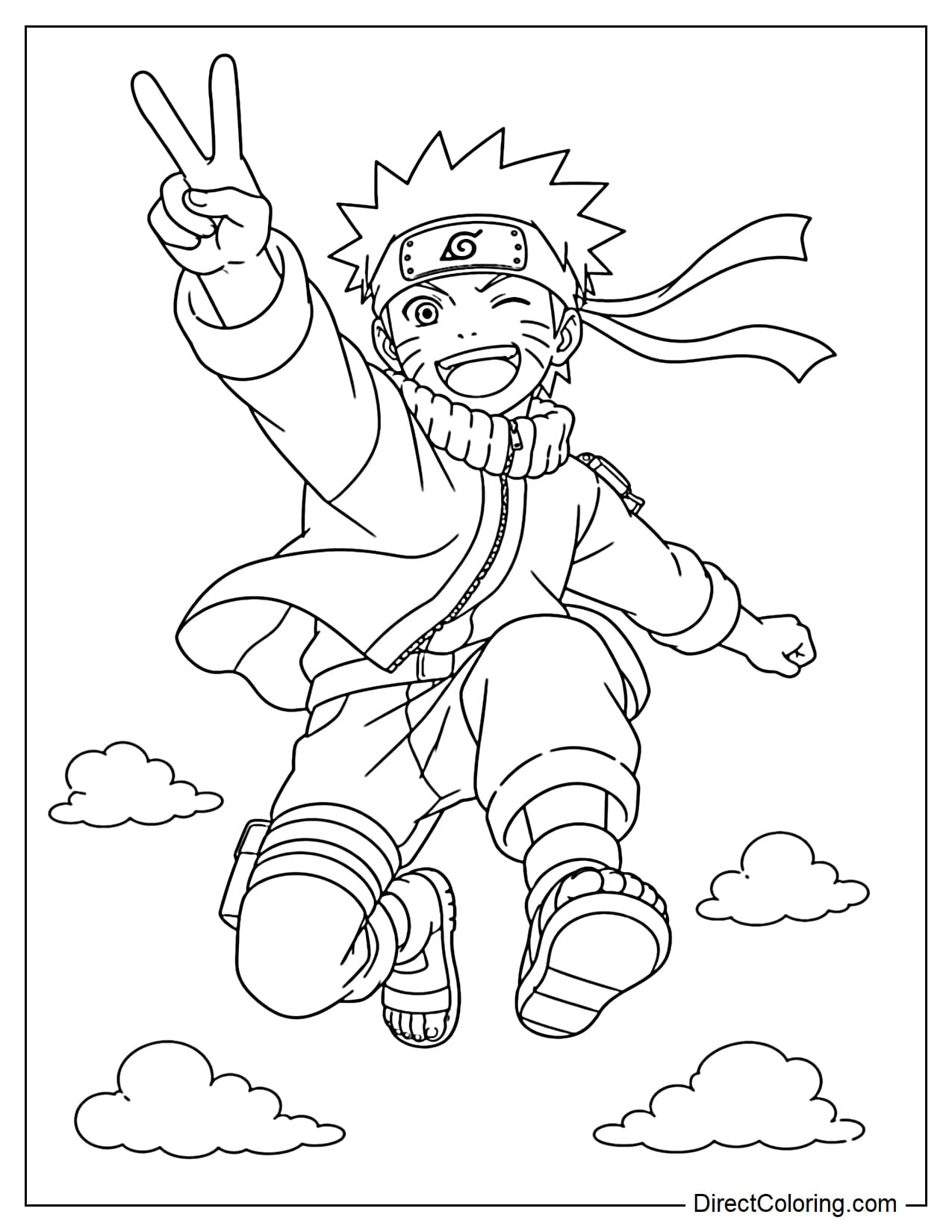 Naruto is jumping happily, one hand making a peace sign, his shirt and headband fluttering, with small clouds around him.