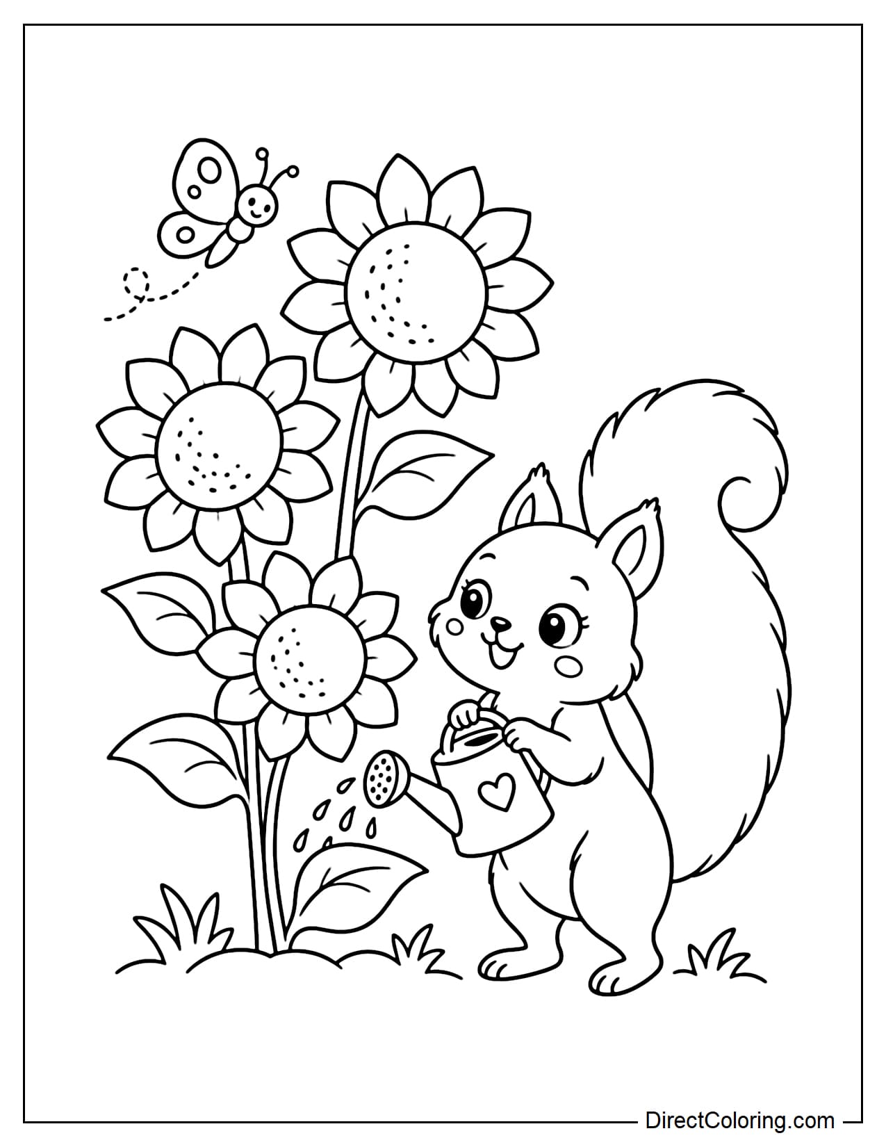 A cute squirrel holding a small watering can with both paws and watering three large sunflowers while a little butterfly flies nearby.