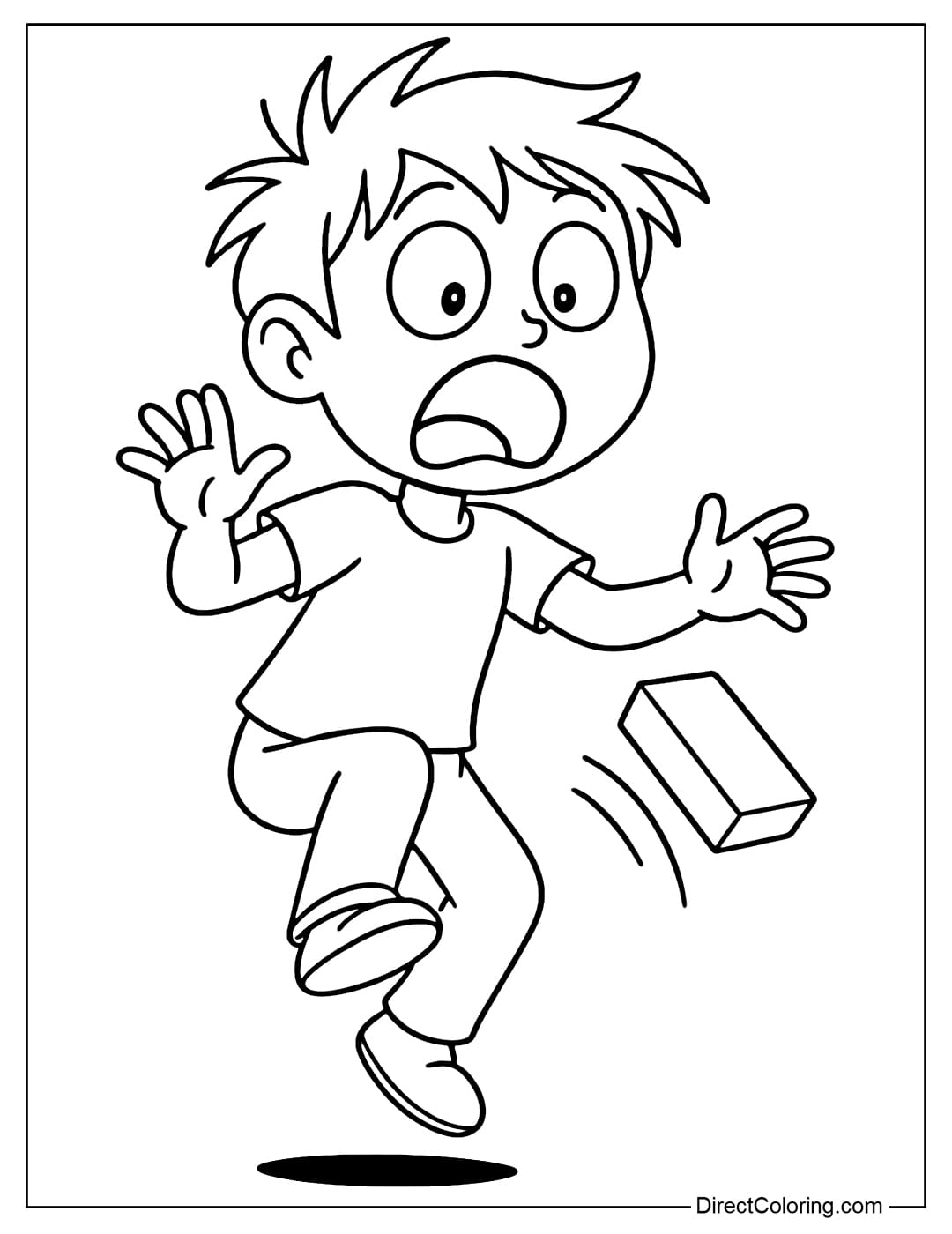 A character's coloring page drops an object, eyes wide open in panic, expression of Oh My God.