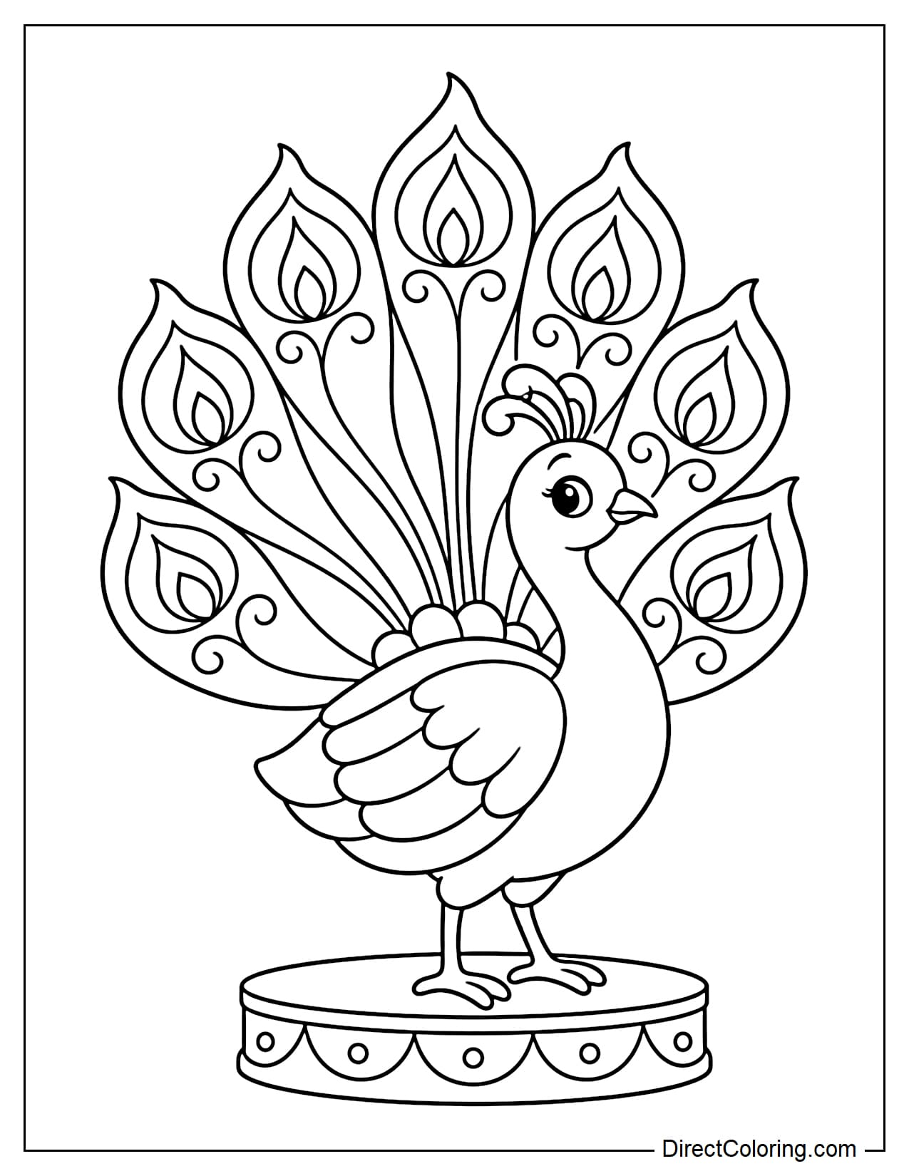 A graceful peacock stands sideways on a round pedestal, spreading seven large tail feathers with tips shaped like diya flames. Its rounded body and curved head crest give it an elegant appearance.