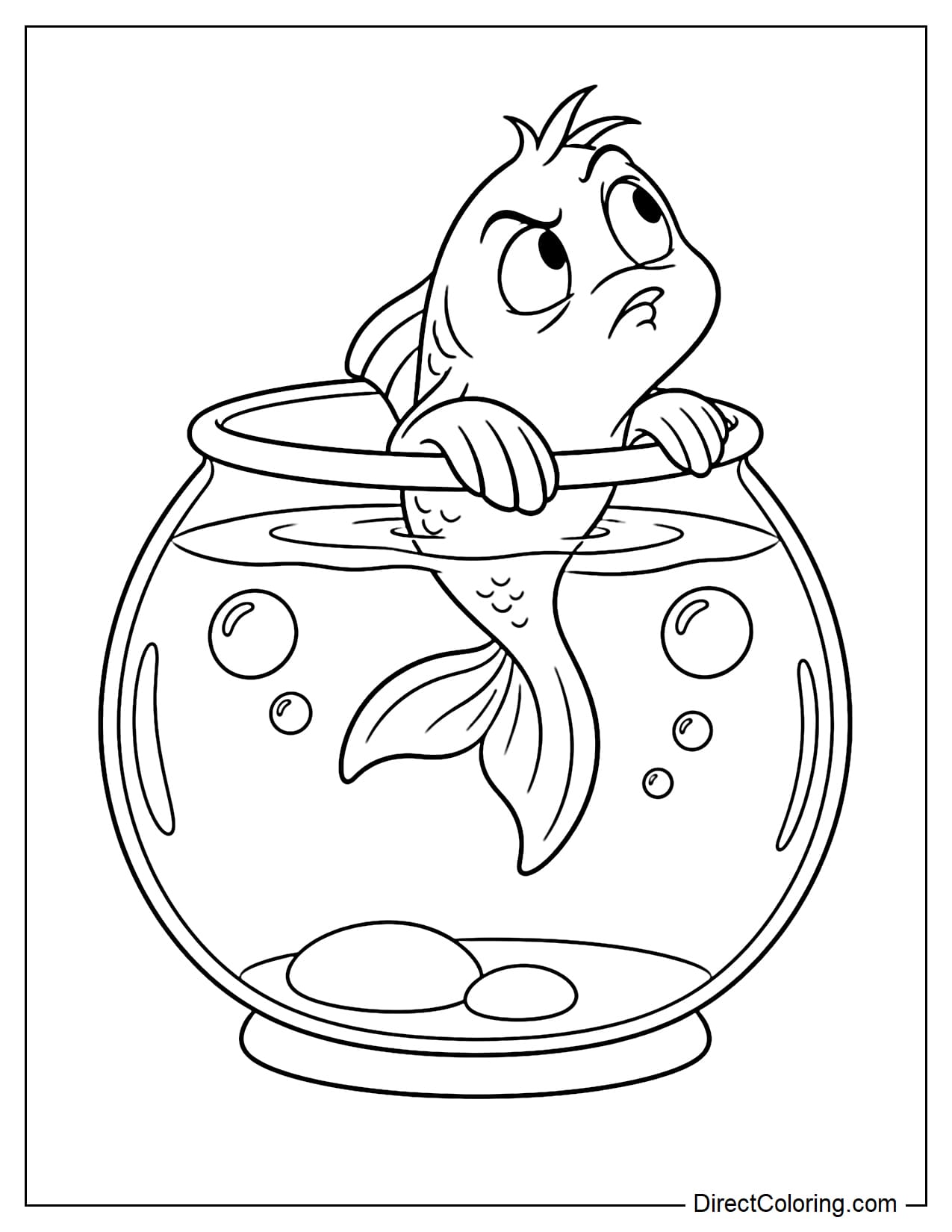 A large round fishbowl holds the familiar fish peeking above the water, resting both front fins on the rim with a curious and slightly annoyed expression.
