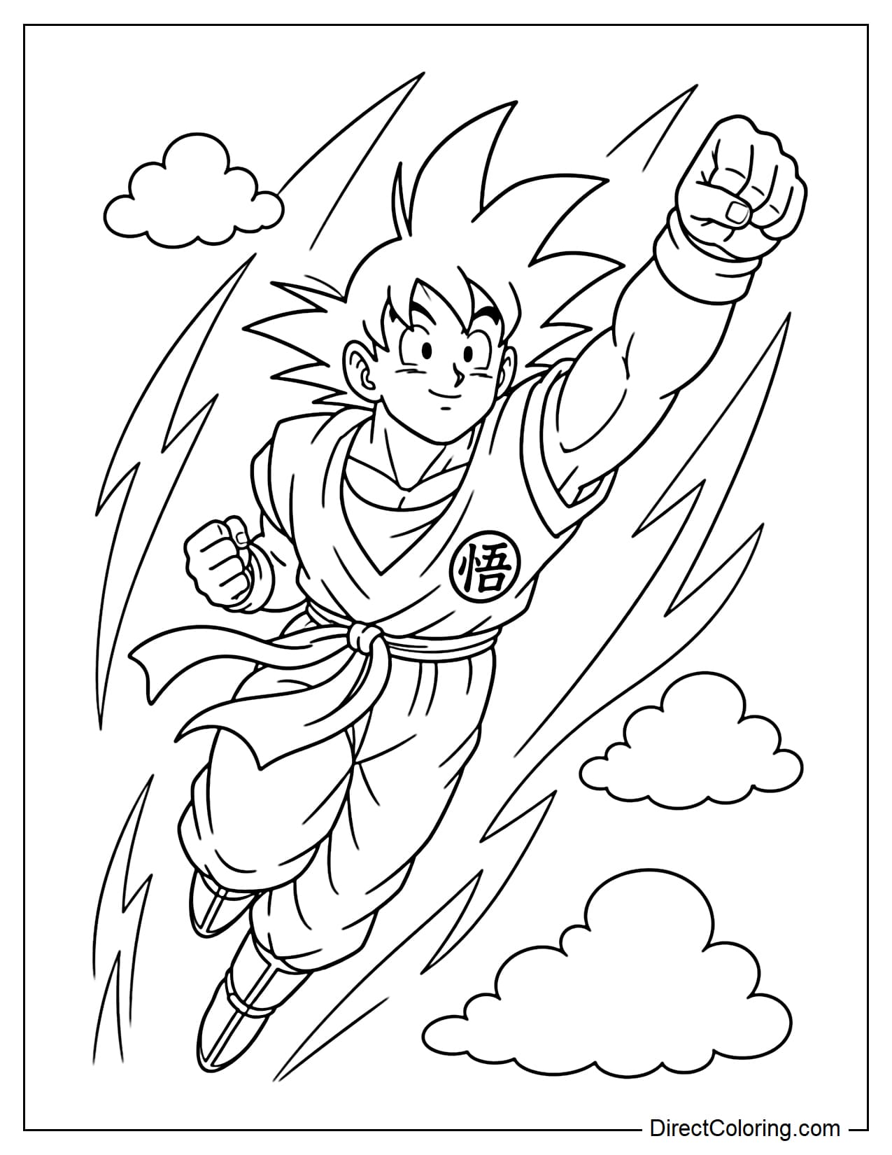 Goku is flying diagonally upwards with one arm extended forward, his martial arts robe fluttering slightly with the movement, surrounded by large energy streams and clouds.
