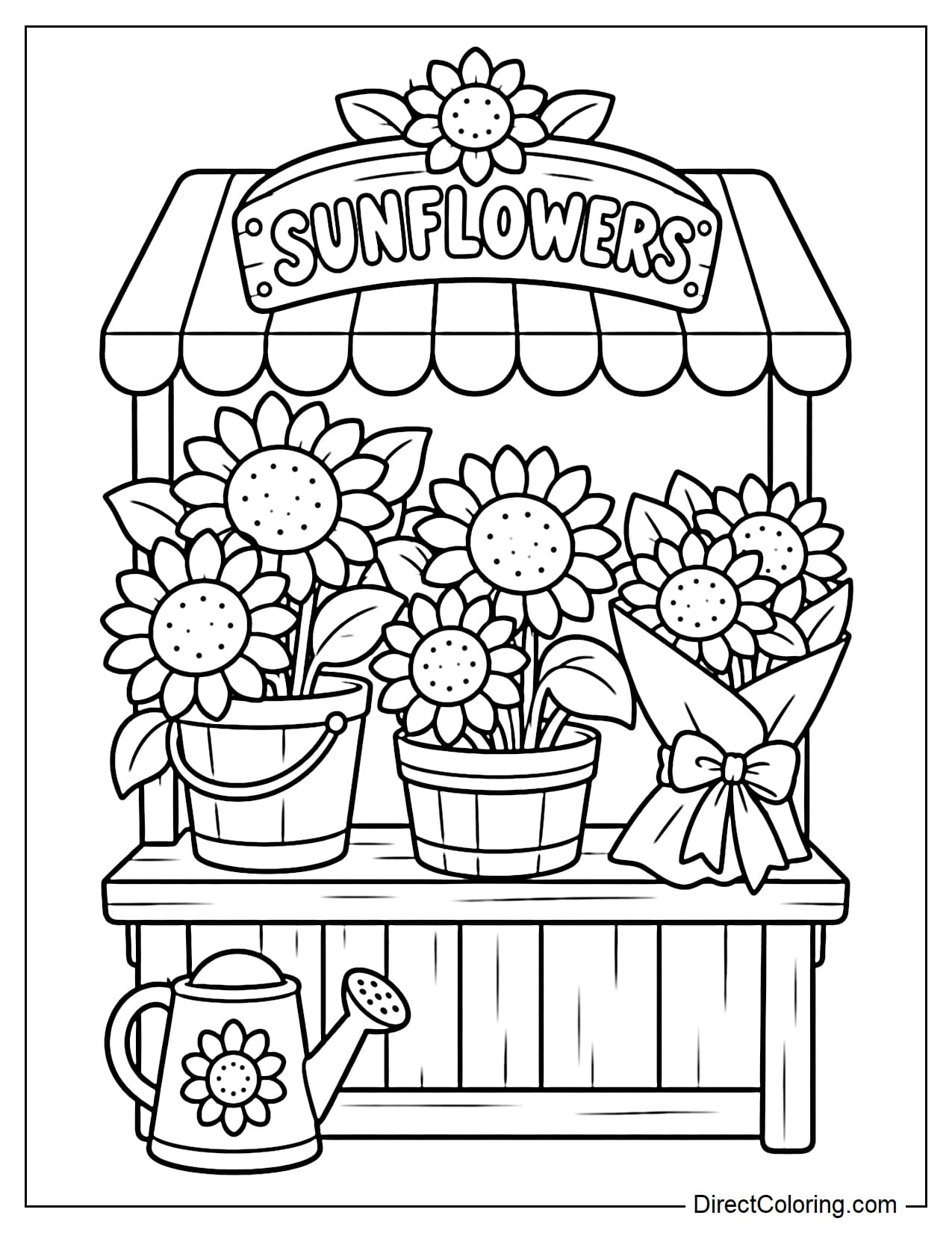A small flower stand with a wide-striped awning and an arched sign reading 