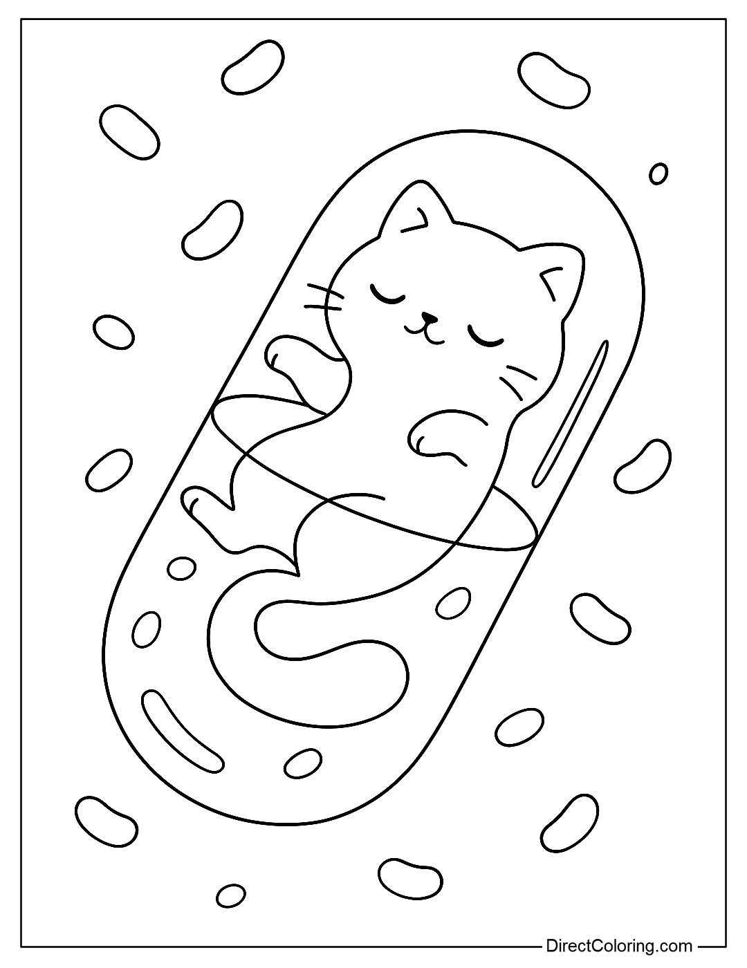 The capsule coloring page features a jelly-like cat inside a transparent pill that resembles a candy jar, with a soft, curvy body surrounded by many small jelly candies