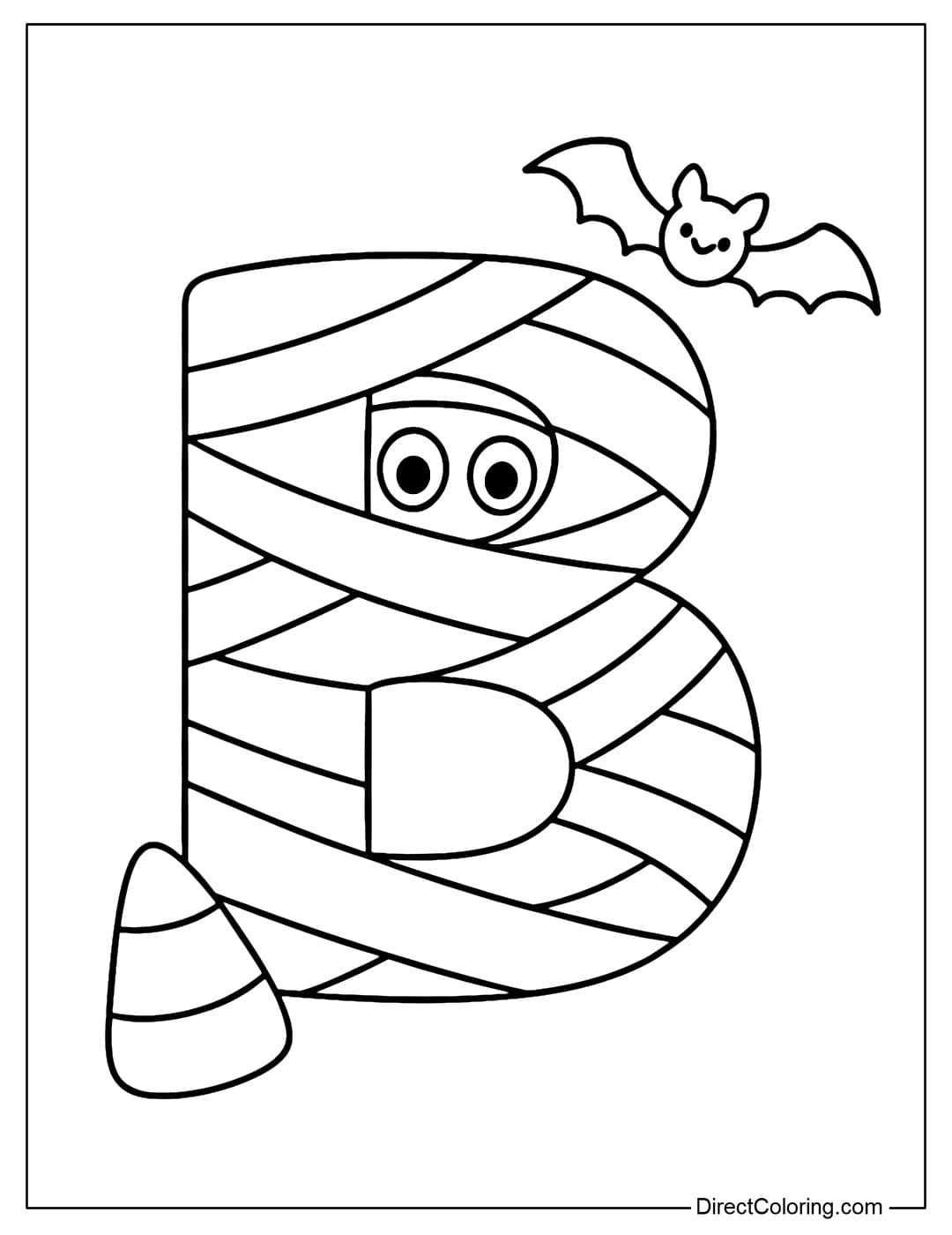 Letter B coloring page wrapped in bandages like a mummy, revealing big, round, mischievous eyes peeking out from the ice crack.