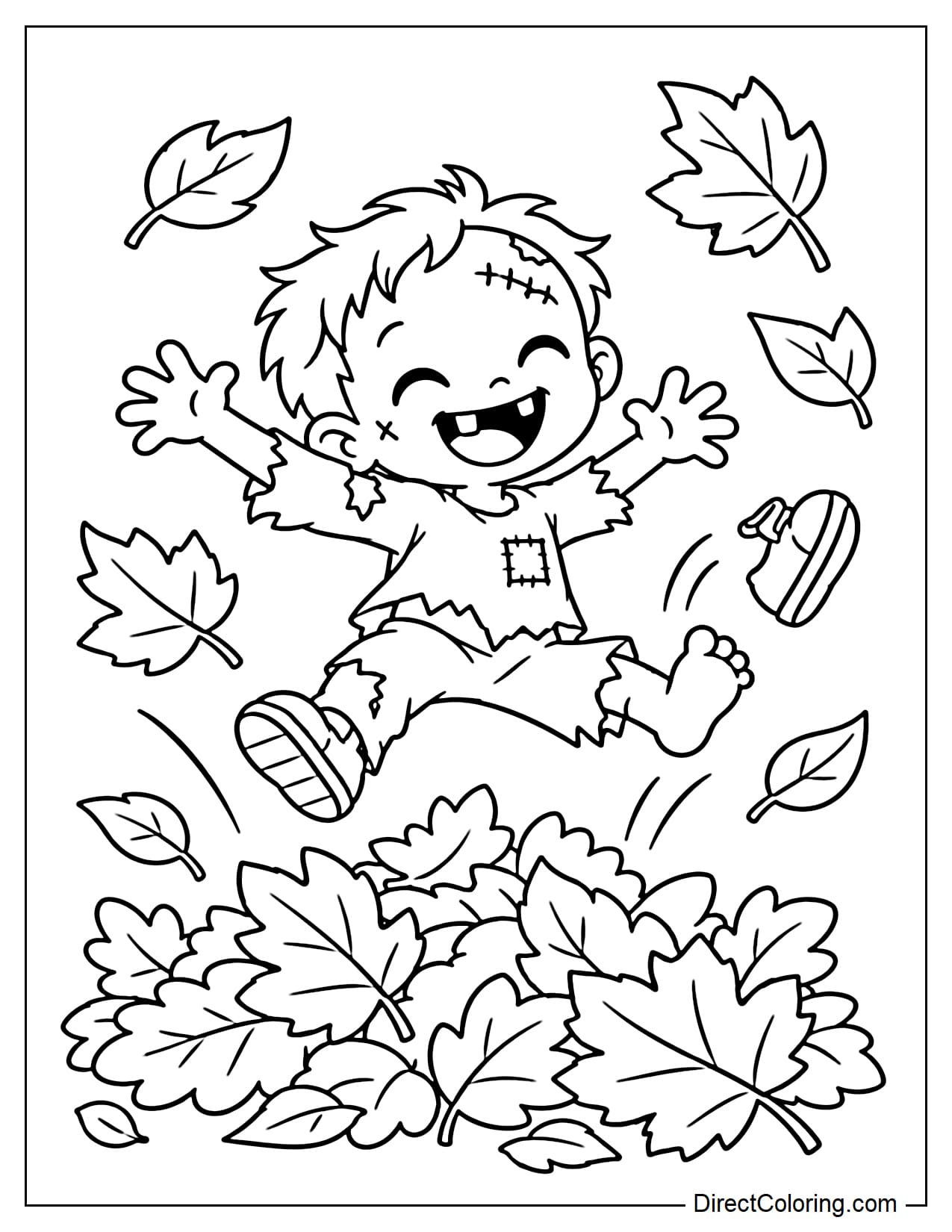 A little zombie jumps into a large pile of autumn leaves as leaves fly around and one of its shoes flies off.