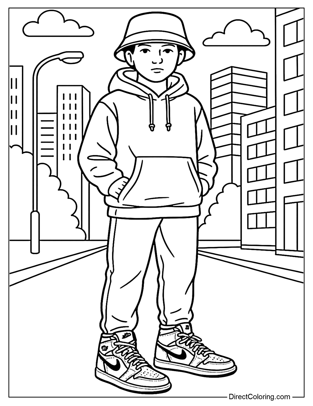 A classic Jordan 1 shoe coloring page that stands out, coordinated with street style outfits with bucket hats, hoodies, and a vibrant urban background.