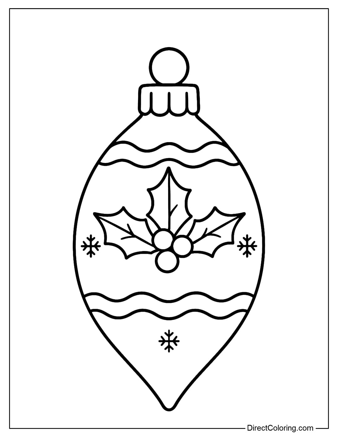 Oval Christmas bauble coloring page with holly leaves and red berries decoration.