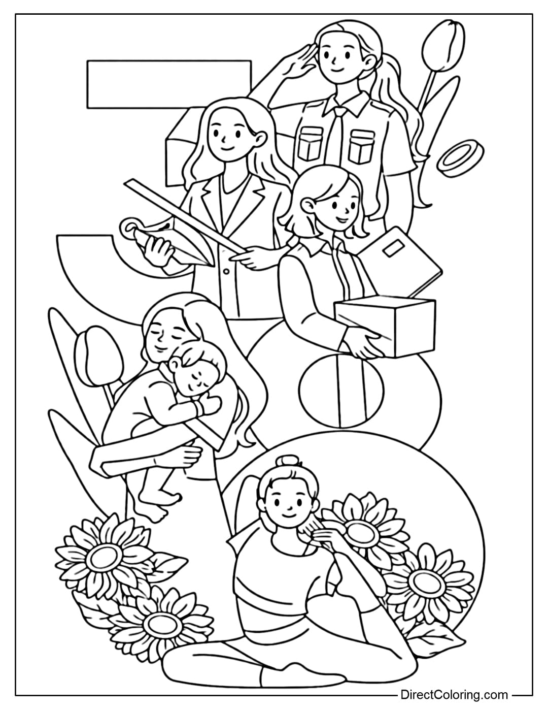 A coloring page with a group of women representing different roles, featuring the number 8/3, surrounded by flowers.