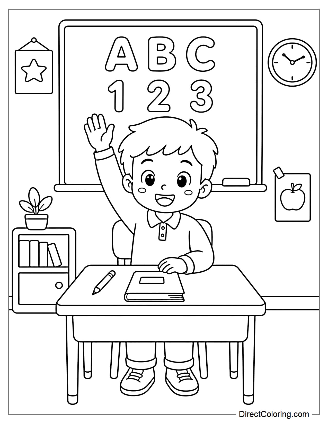 A student sits neatly at their desk and happily raises their hand to speak in class. On the desk is a notebook and pencil, behind which is a large whiteboard with the letters 