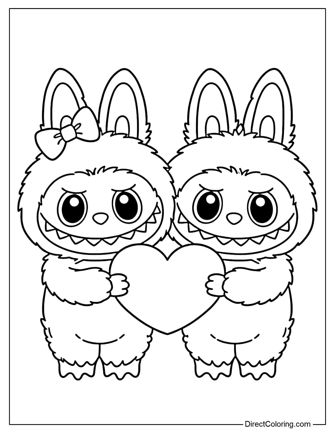 A coloring page featuring two Labubu standing next to each other, holding a large heart in the middle.