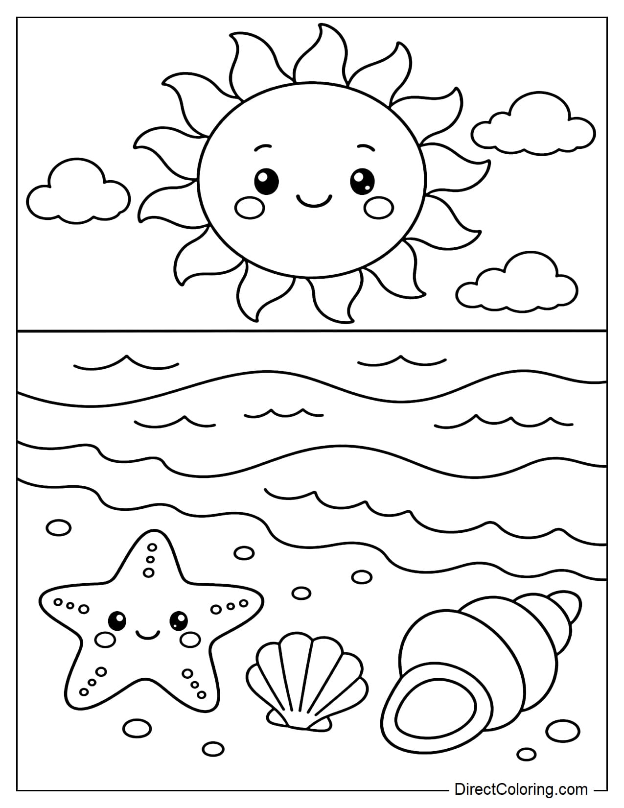 A large sun above the sea with gentle waves approaching the sandy shore, below which are starfish and large shells.