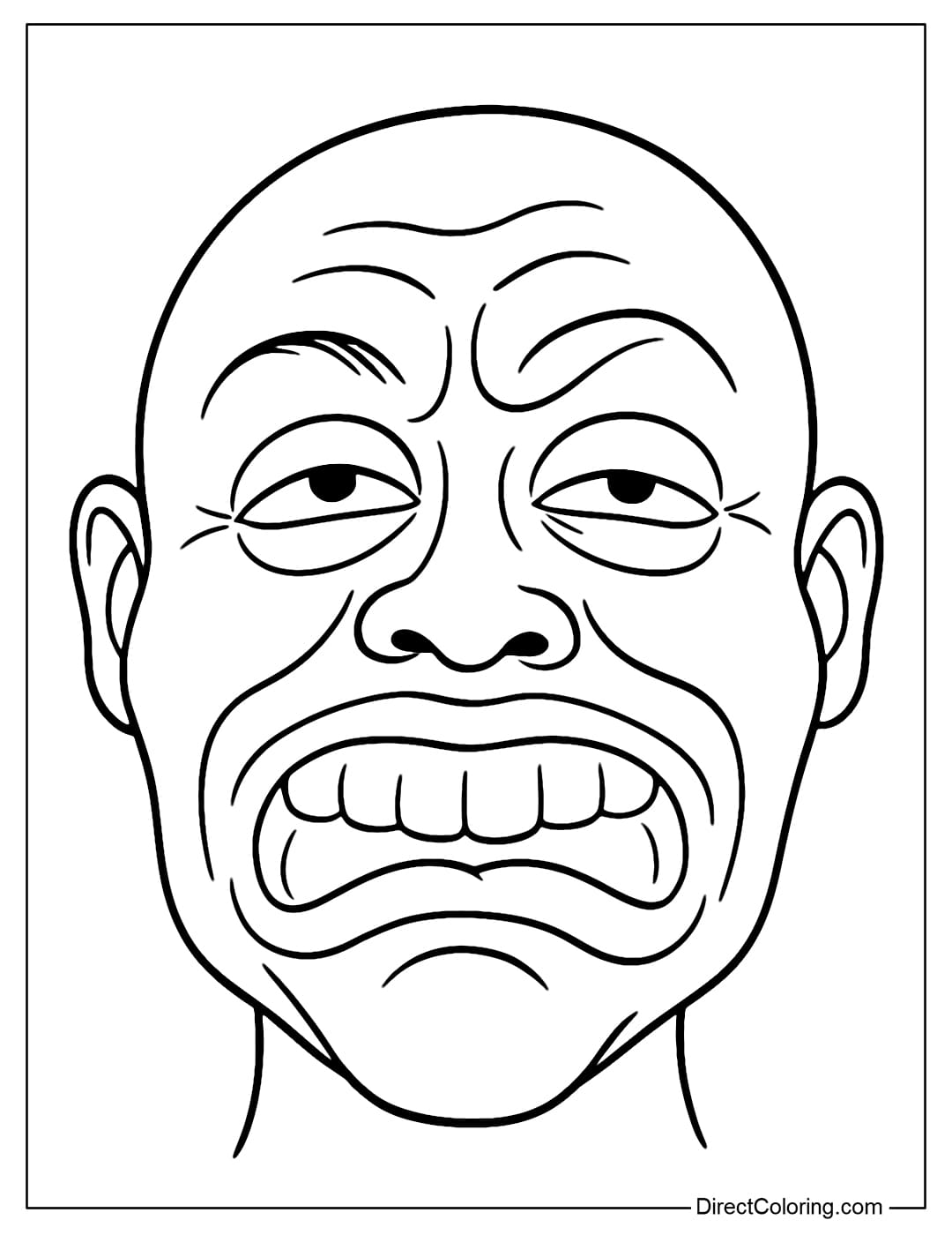 Coloring page of a face distorted as if pressed against glasses, flat nose, sticky lips, strange but very funny expression.