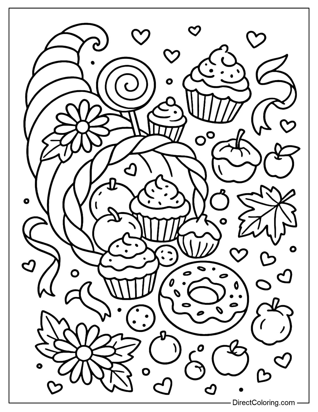 Cornucopia coloring page full of candy, cupcakes, donuts and fruits covered in cream, interspersed with ribbons and little hearts flying around.