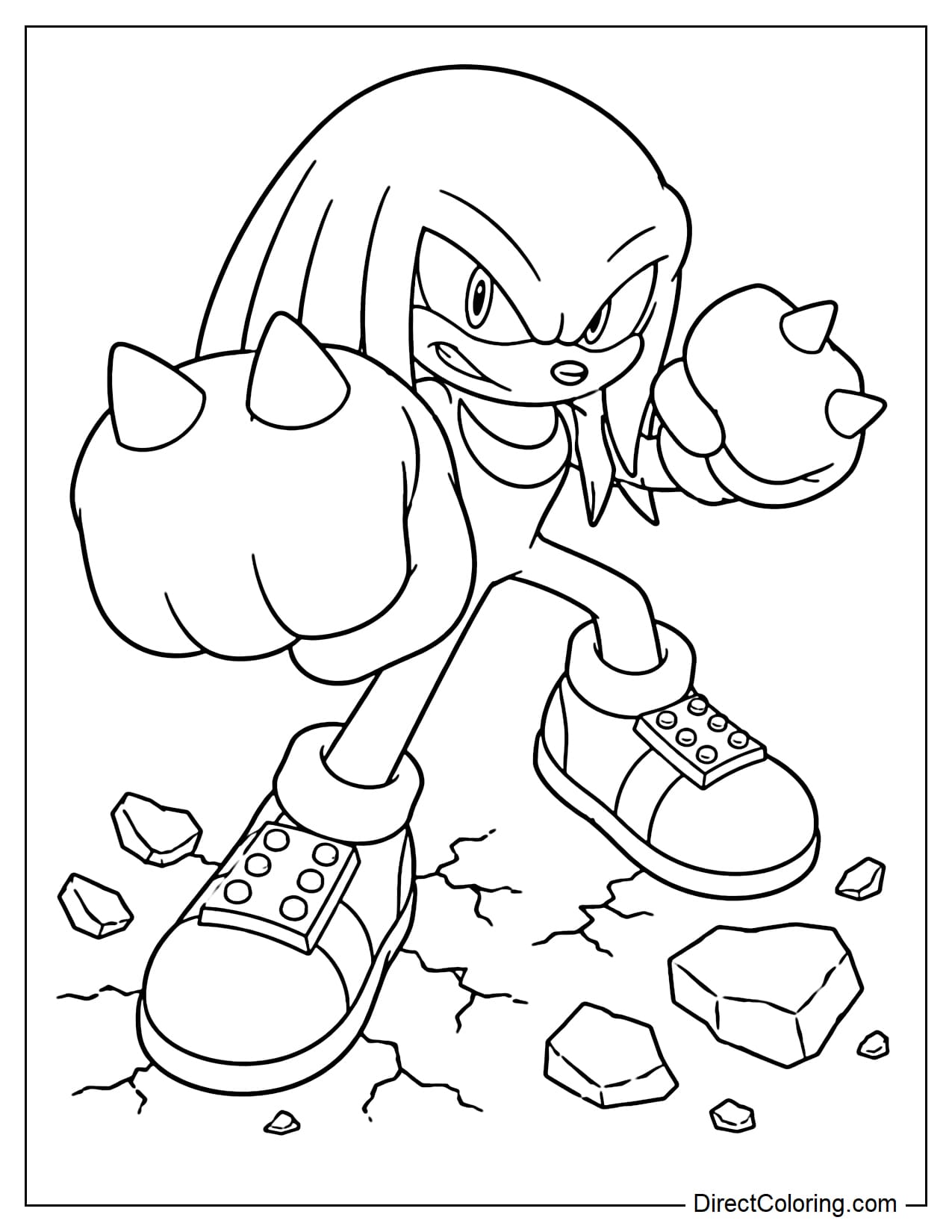 Knuckles is in a punching stance, his large fist extended forward, with some rocks underneath.