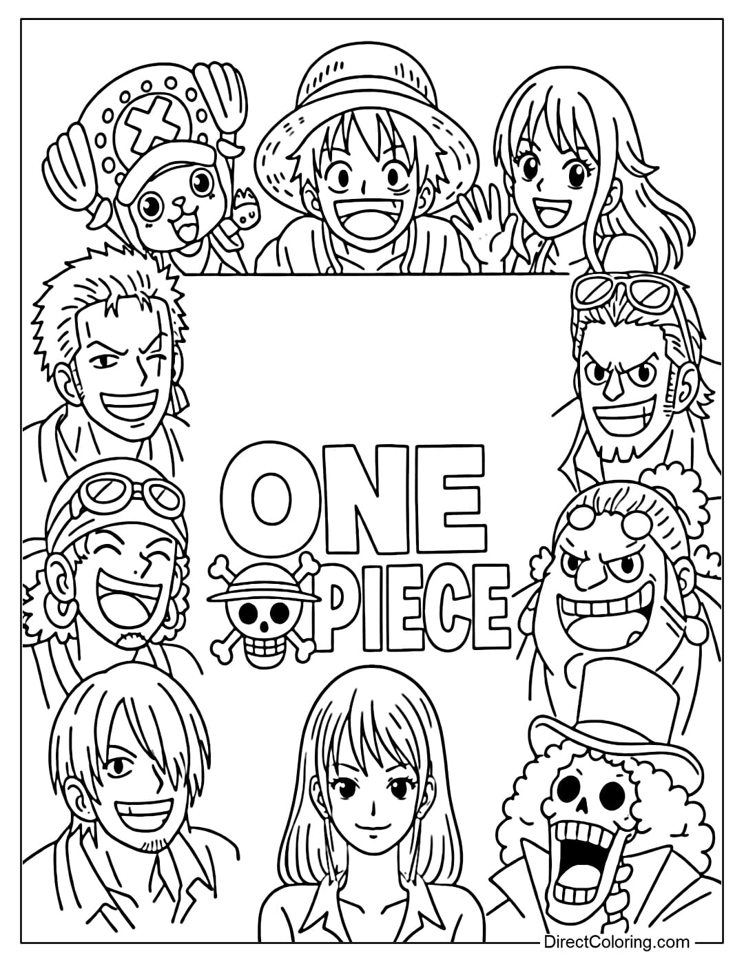 The Straw Hat crew members (Luffy, Zoro, Nami, Usopp, Sanji, Chopper, Robin, Franky, Brook, Jinbe) surround the words 