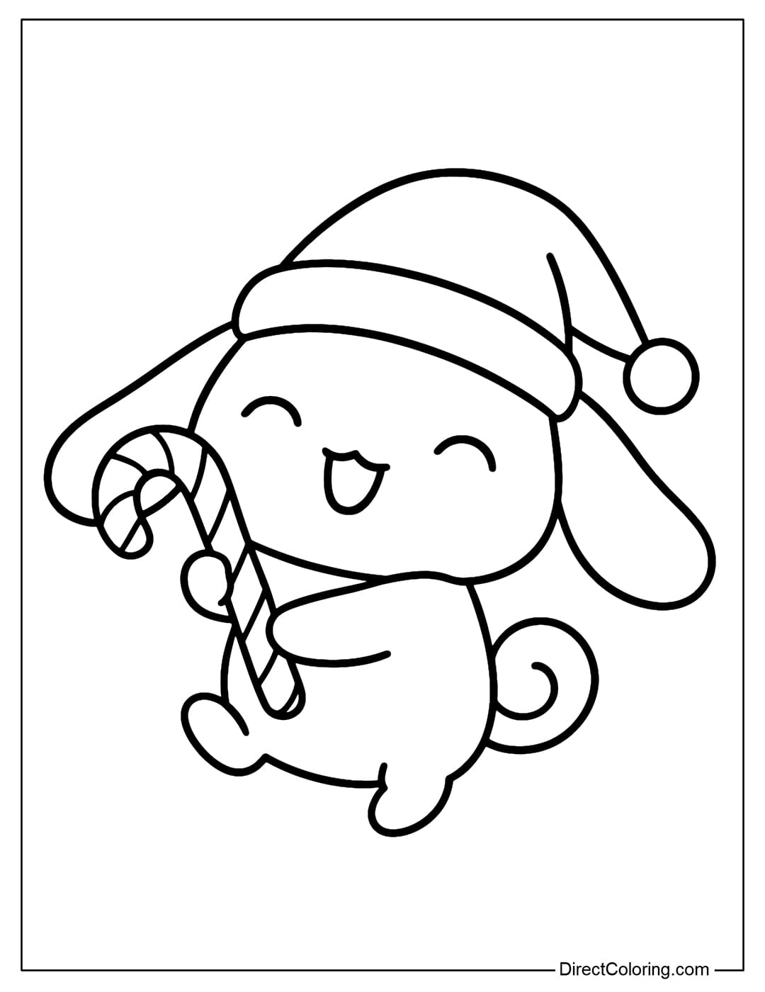 Coloring page of Cinamoroll wearing a Santa hat, holding a peppermint candy cane.