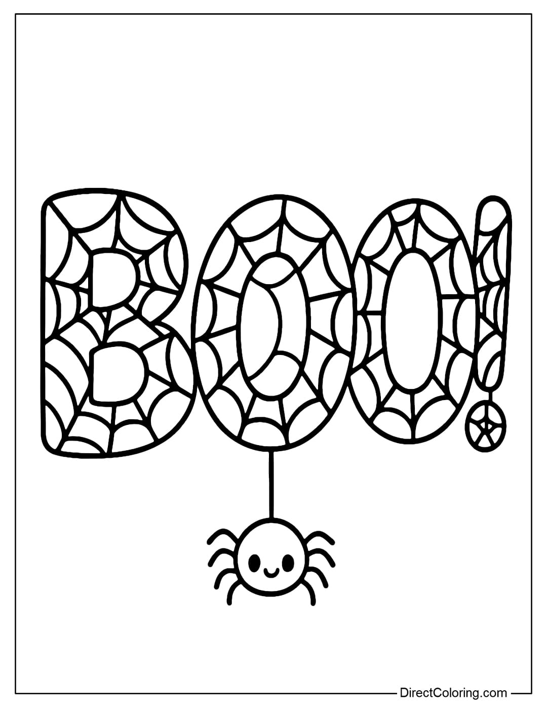 A BOO coloring page covered with spider webs, a small spider drops a web from the O.