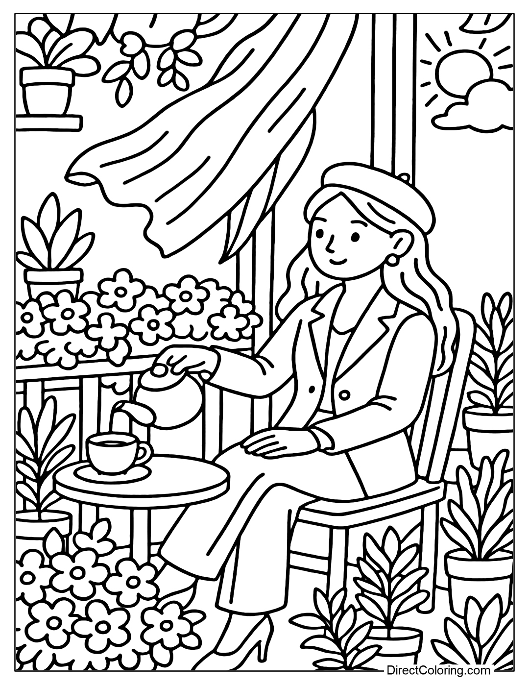 A coloring page of a small balcony covered with flowers, a girl pouring tea, curtains fluttering in the wind, with potted plants around.