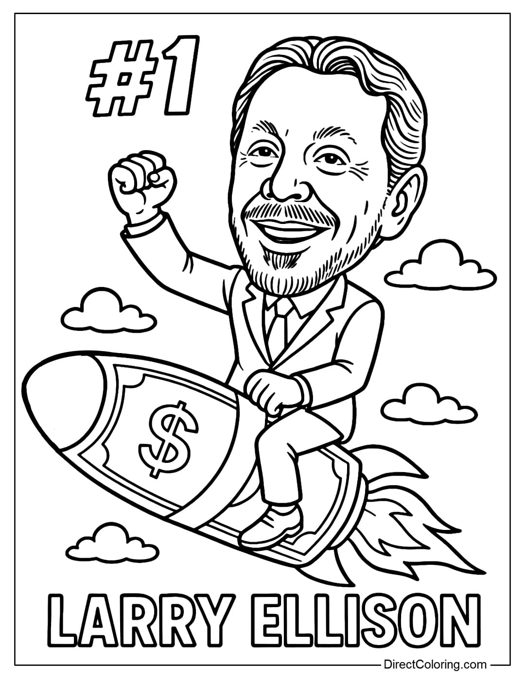 Larry Ellison Riding a Rocket of Cash Coloring Page Coloring Page Larry Ellison sitting on a rocket made of stacks of dollars, soaring into the sky with the words #1.
