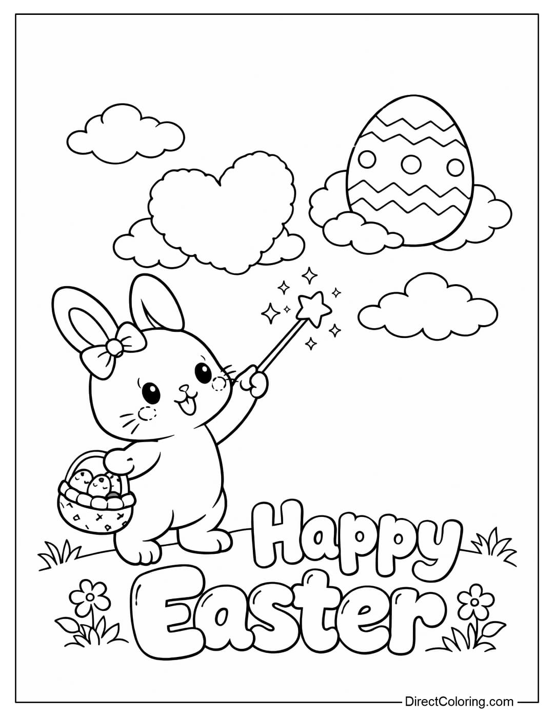 This coloring page shows an Easter bunny waving a magic wand, causing an Easter egg to appear among the clouds, with a small Easter basket underneath bearing the large words 