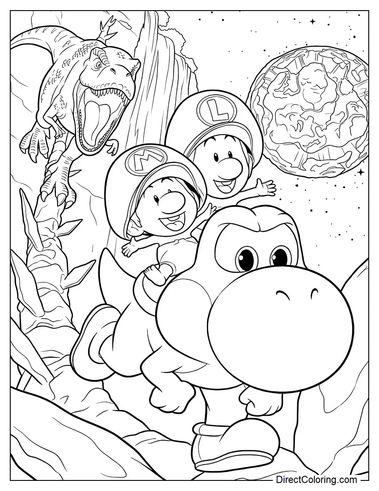 Baby Mario and Baby Luigi are riding on Yoshi's back in a magical fantasy landscape from The Super Mario Galaxy Movie. Behind them, a giant T-Rex, a cascading waterfall, and a distant planet create an exciting adventure scene.