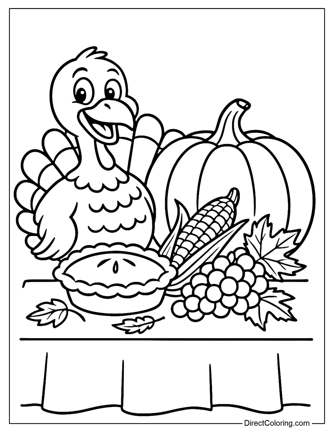 A turkey coloring page standing next to a full banquet table: pie, corn, pumpkin, grapes and maple leaves for decoration.