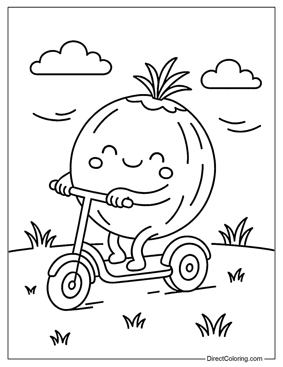 Coconut Coloring Page with wheels like a tram, rolling through the grass.