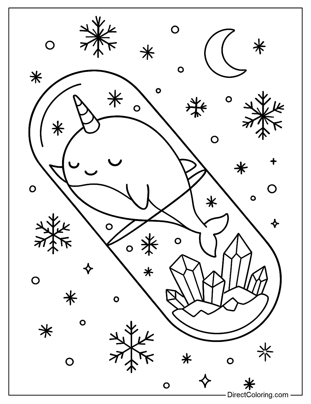 Coloring page of a sleeping narwhal in an ice bubble capsule, surrounded by snow crystals and moonlight