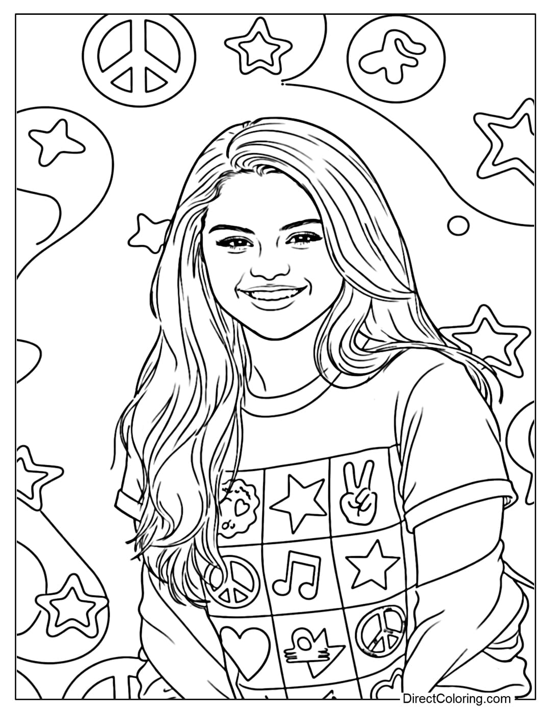 A coloring page of Selena Gomez with a radiant smile, wearing a colorful graphic t-shirt and a stylish jacket.