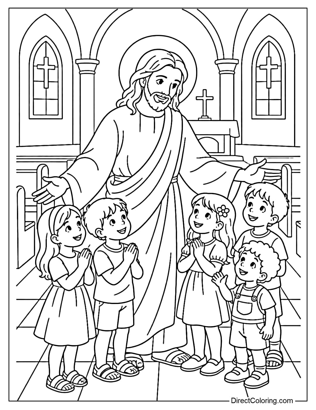 Coloring page of Jesus standing with children inside a simple church.