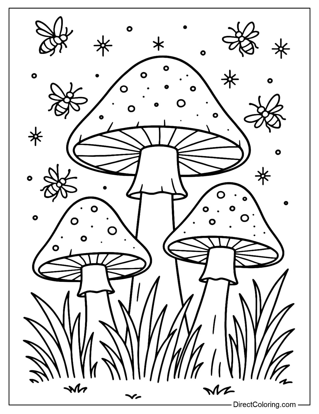Mushroom and Fireflies Coloring Page Coloring page of mushrooms glowing in the night with dozens of sparkling fireflies flying around.