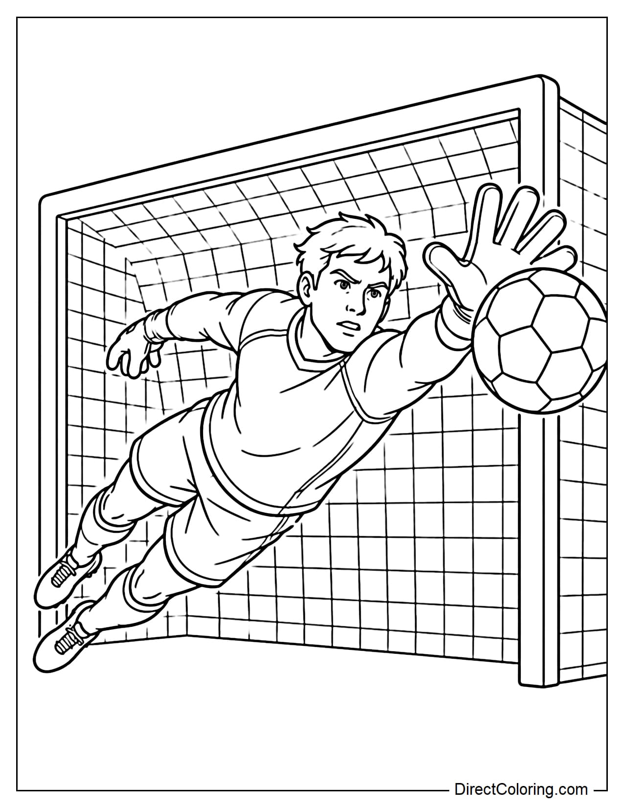 A goalkeeper dives to save a shot with the ball right in front of his glove, creating a powerful action effect.