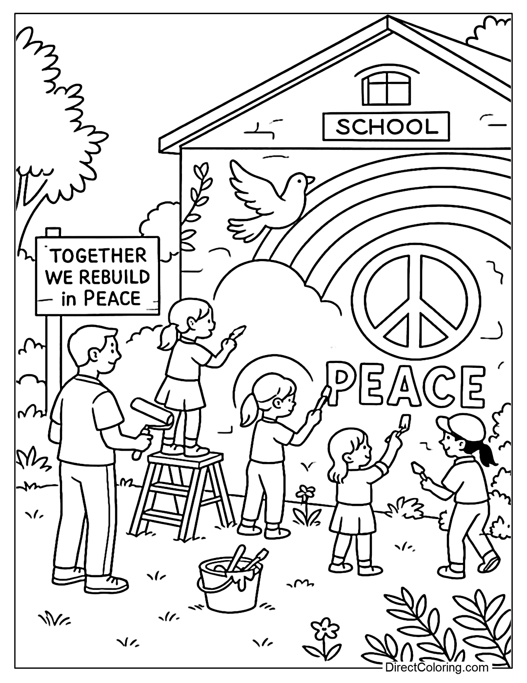 A coloring page of adults and children repainting an old school together. On the wall they are painting is a large painting with a peace symbol.