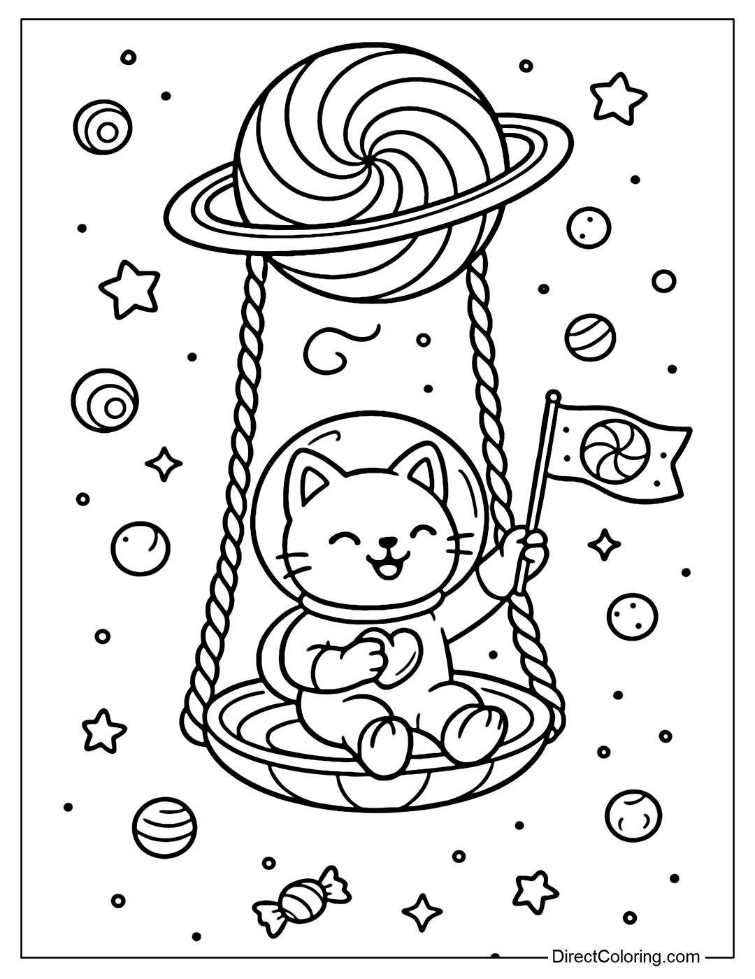 A swing coloring page flying between a rotating candy planet, an astronaut cat waving a candy flag.