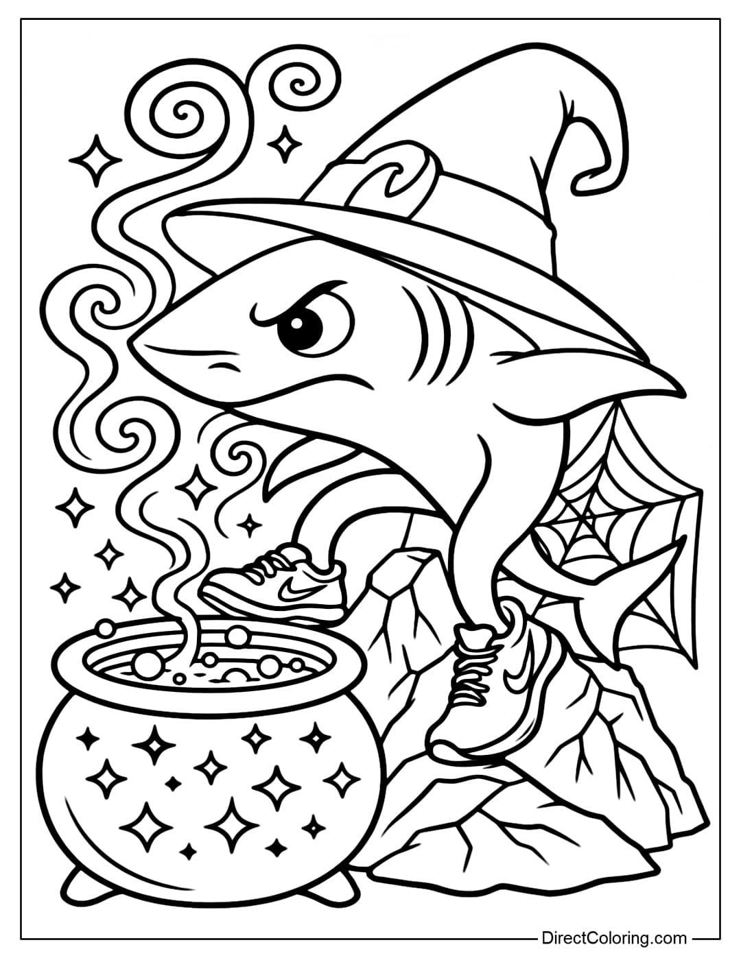 Tralalero Tralala coloring page wearing a witch's hat, standing next to a boiling potion.
