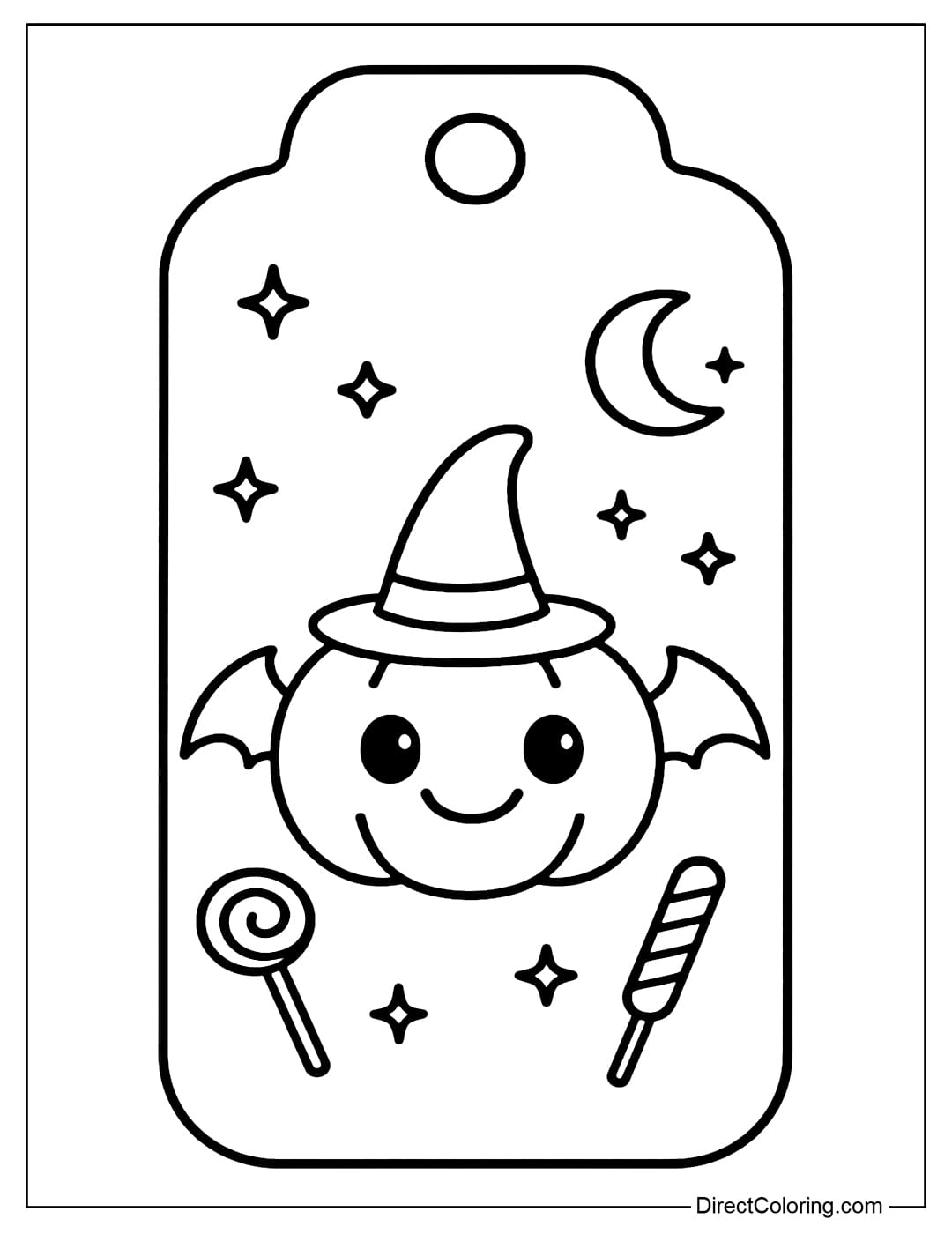 A cute pumpkin-shaped candy tag coloring page with small bat wings spread out to the sides, surrounded by stars and crescent moons.