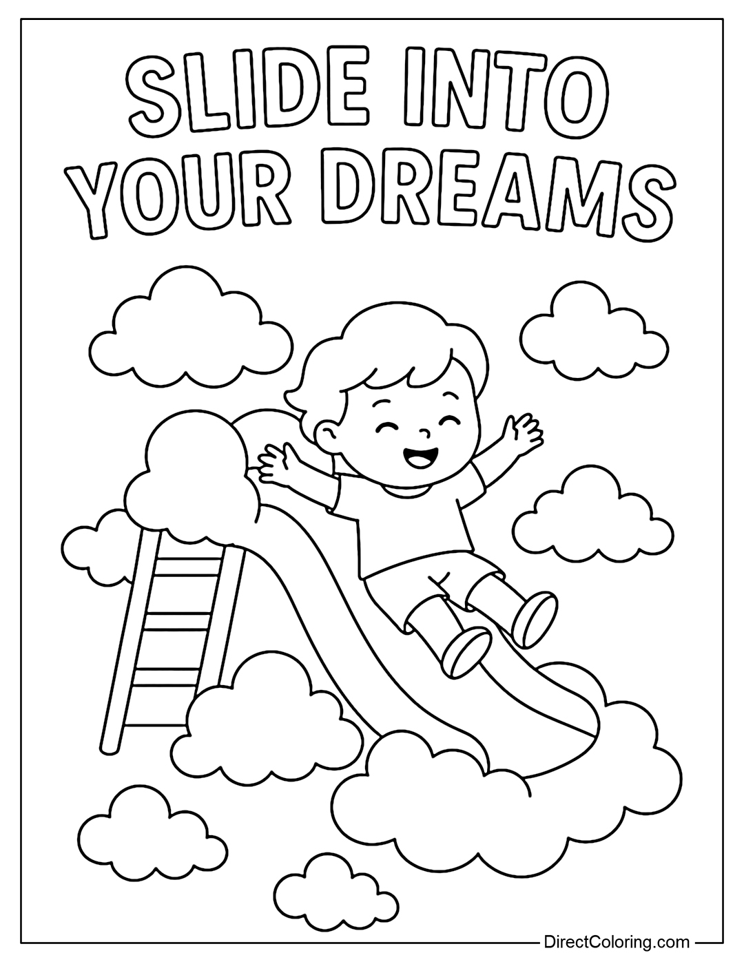 Coloring page of cloud slide, baby sliding down with a smile, next to the words 
