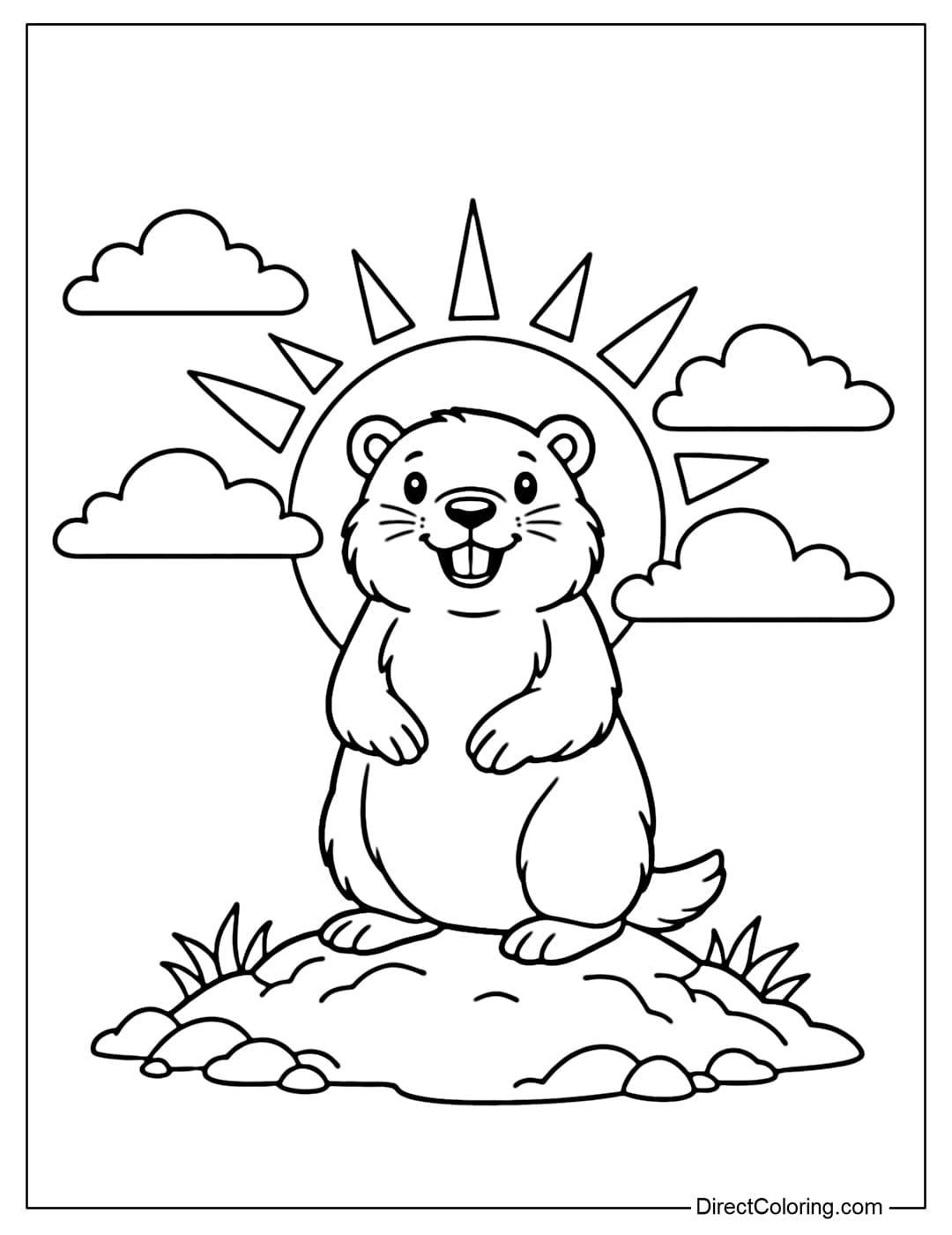 A coloring page of a groundhog standing on a small hill, with the sun and clouds in the background.
