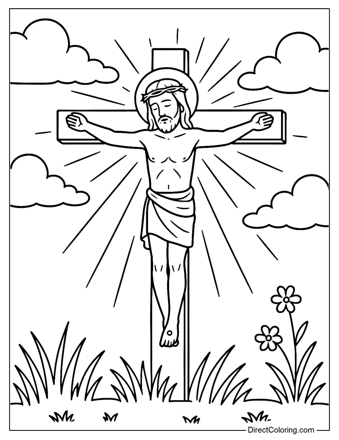Jesus coloring page on the cross with a solemn and gentle expression, peaceful face.