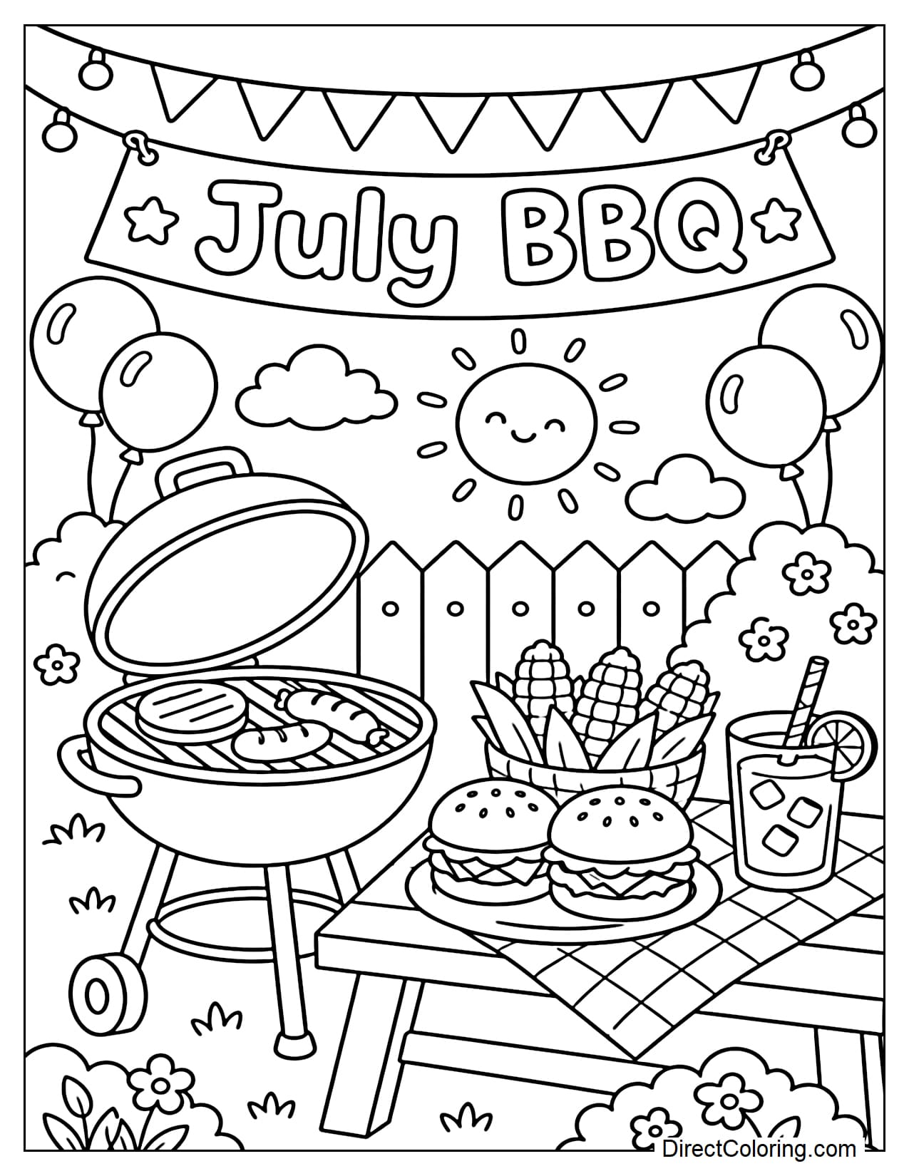 An outdoor BBQ party with a simple grill, burgers, corn on the cob, and lemonade, with a banner that says 