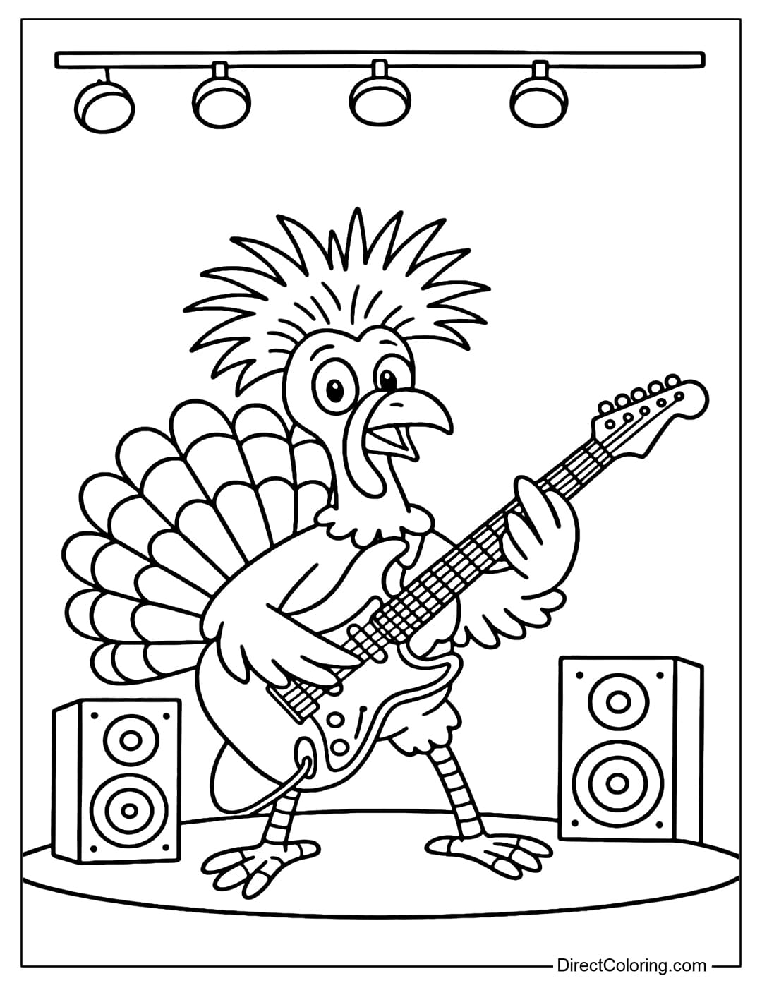 Turkey coloring page playing electric guitar, hair upturned, standing on stage.