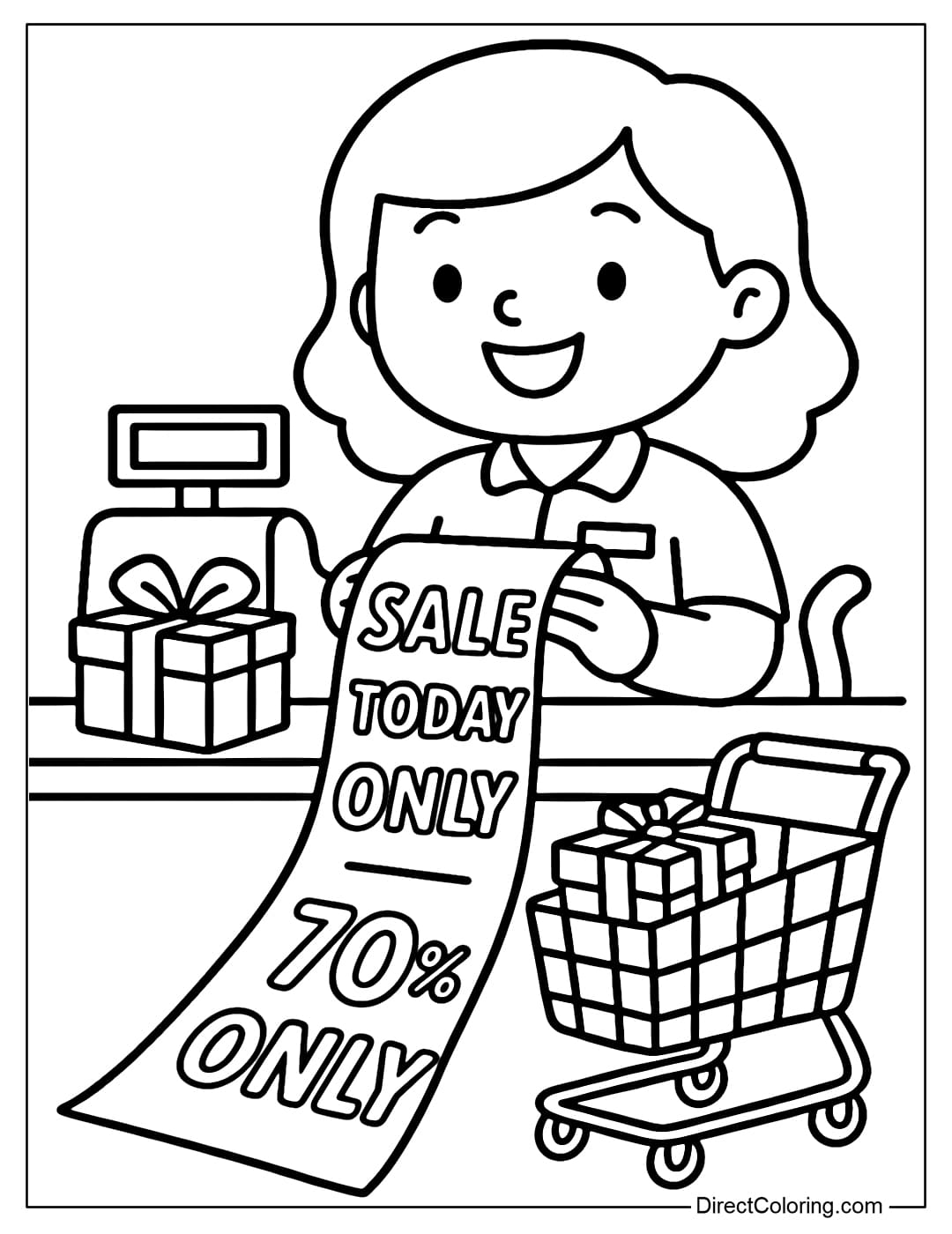 A coloring page of a cashier smiling happily, printing a long receipt with the word 