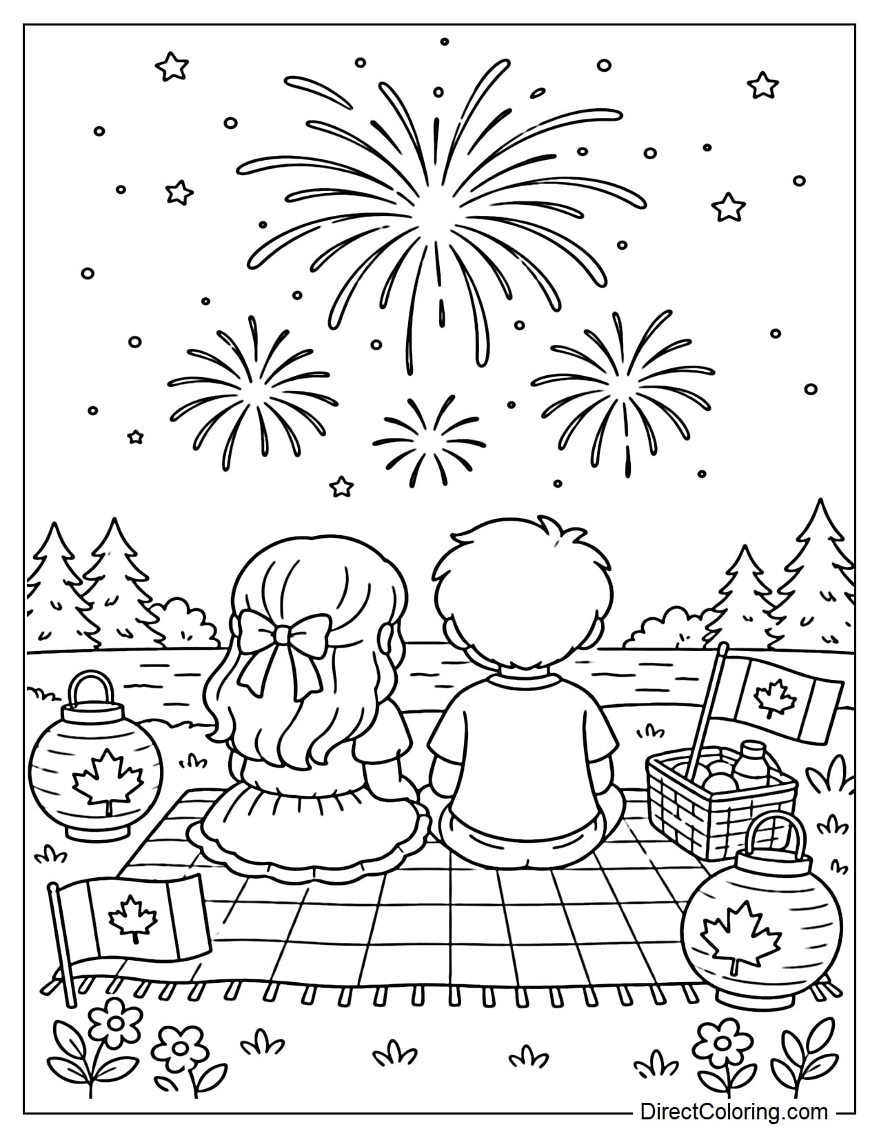 Two children are sitting on a picnic blanket watching Canada Day fireworks in the night sky, surrounded by lanterns and small flags.
